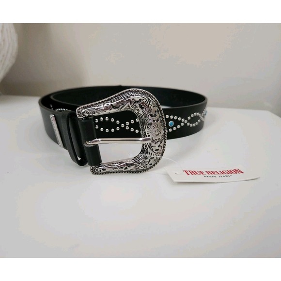 True Religion Accessories - TRUE‎ RELIGION Women Stone Embellished Southwestern Faux Leather Black Belt L/XL